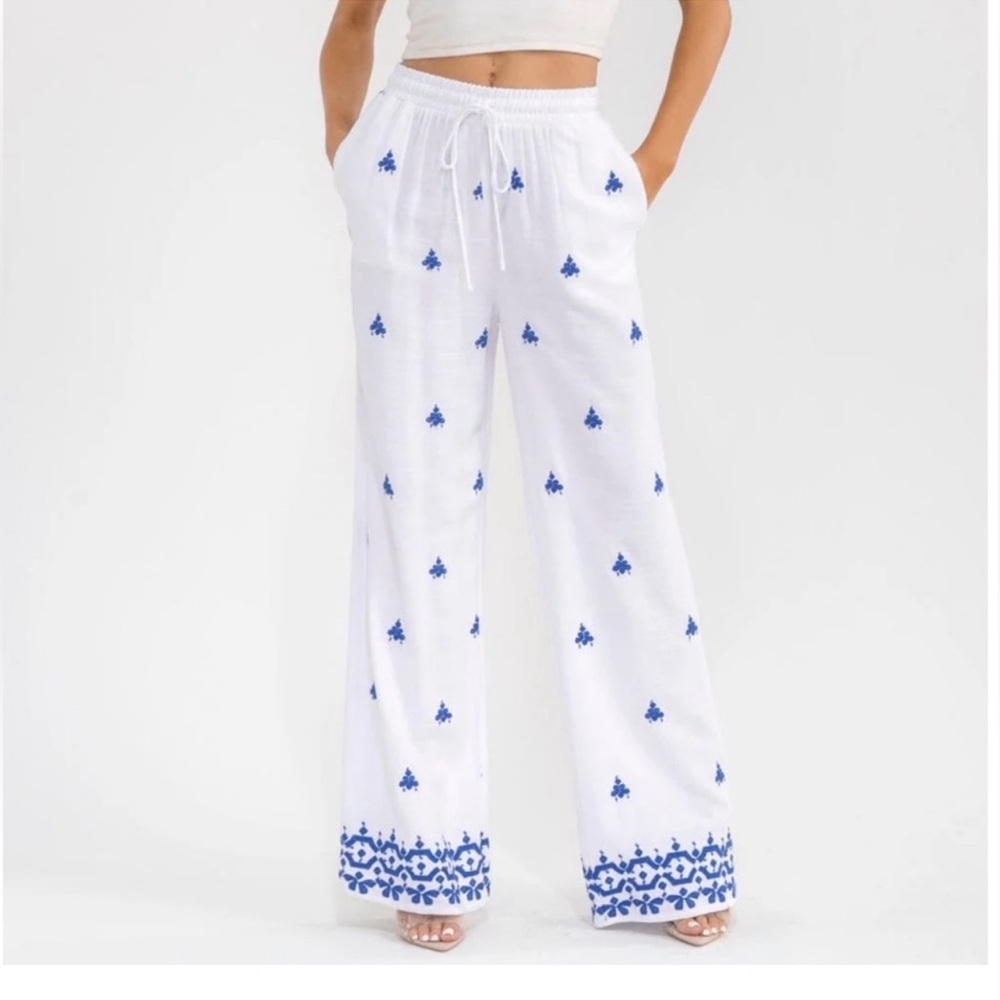 Bohemian Linen Wide Leg Embroidered Pants - Picture 2 of 4